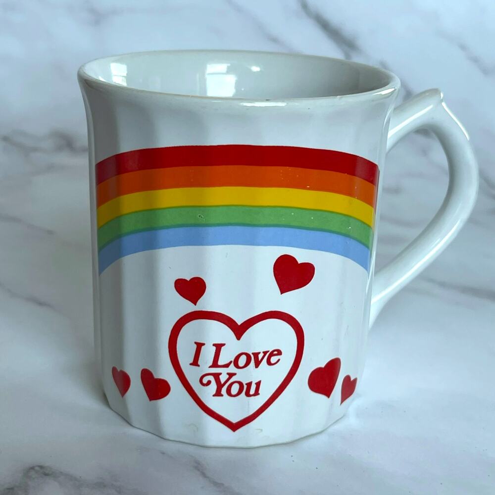 Vintage 1980s I Love You Rainbow Hearts Ceramic Coffee Mug Retro Valentine